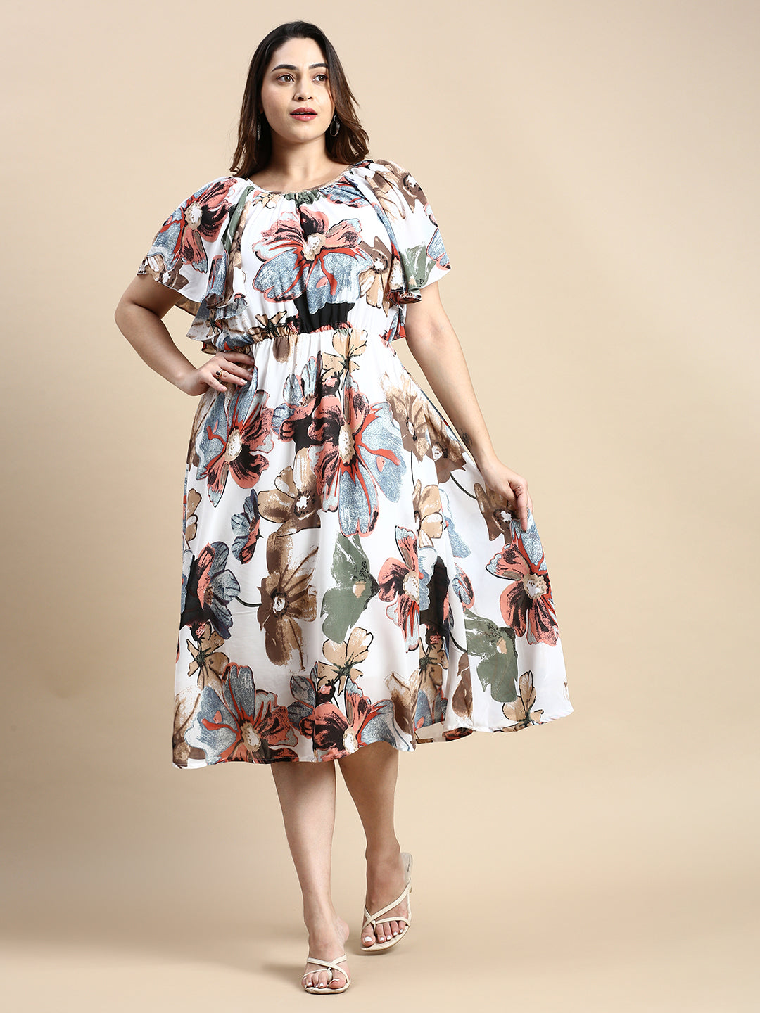 Women Flutter White Floral Fit and Flare Dress