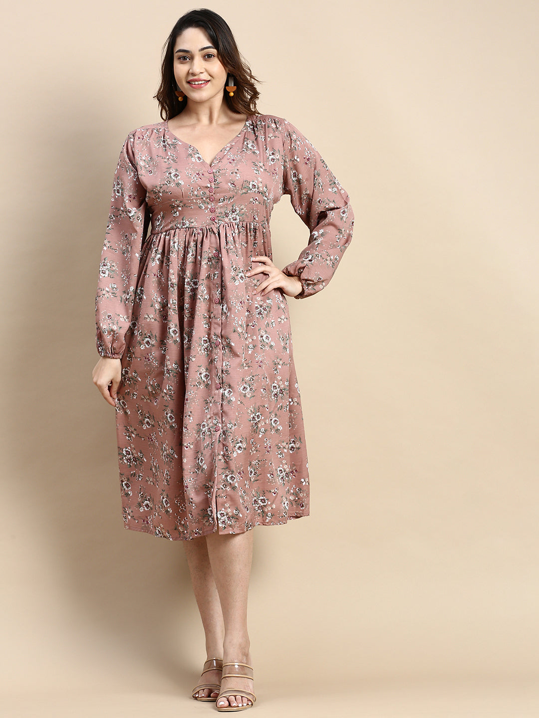 Women Puff Mauve Floral Fit and Flare Dress