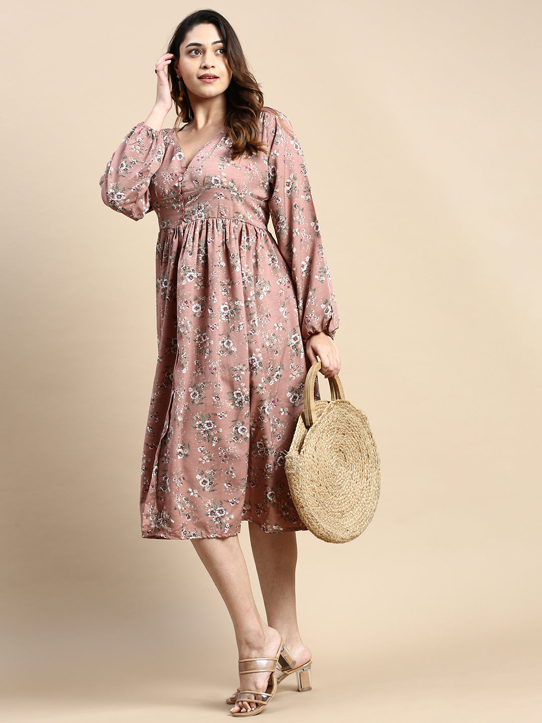 Women Puff Mauve Floral Fit and Flare Dress