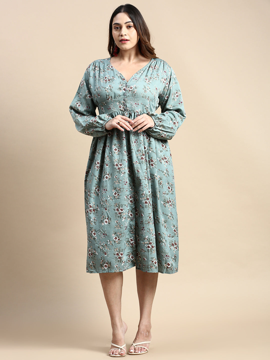 Women Puff SeaGreen Floral Fit and Flare Dress