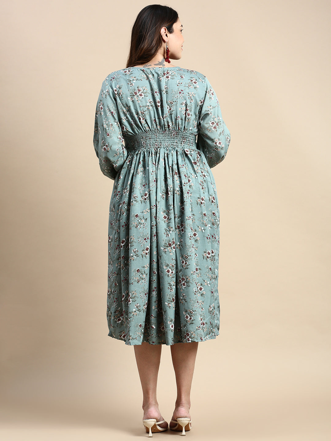 Women Puff SeaGreen Floral Fit and Flare Dress