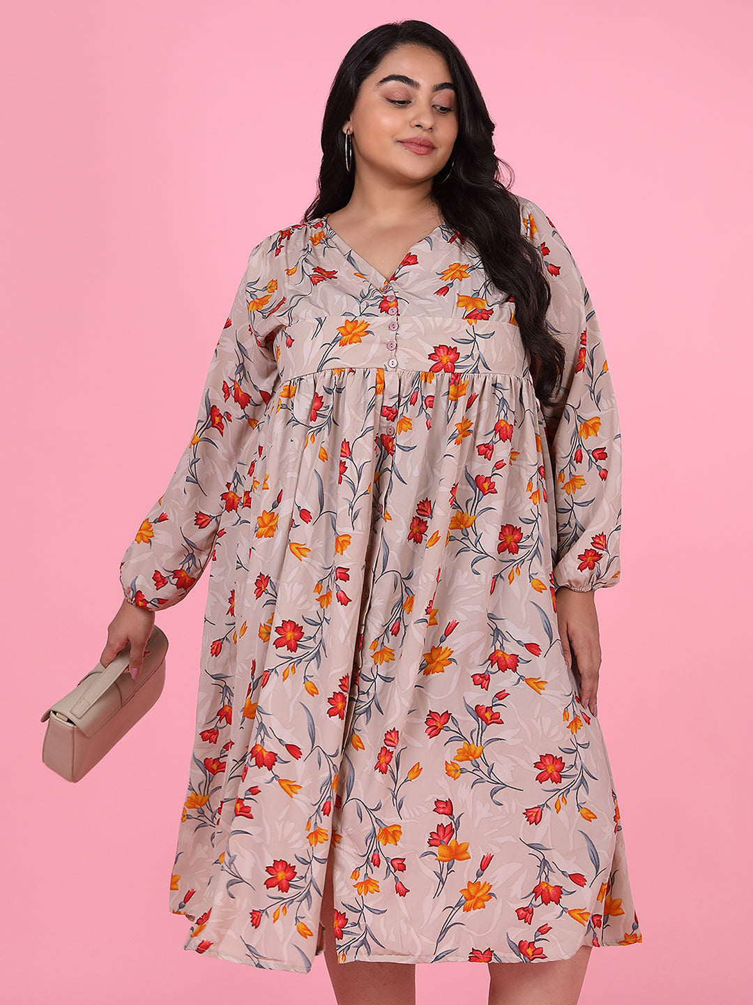 Women Floral Beige Empire Midi Dress