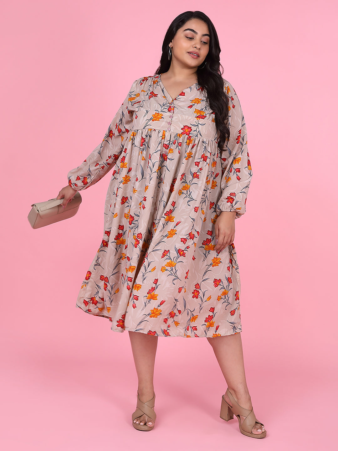 Women Floral Beige Empire Midi Dress