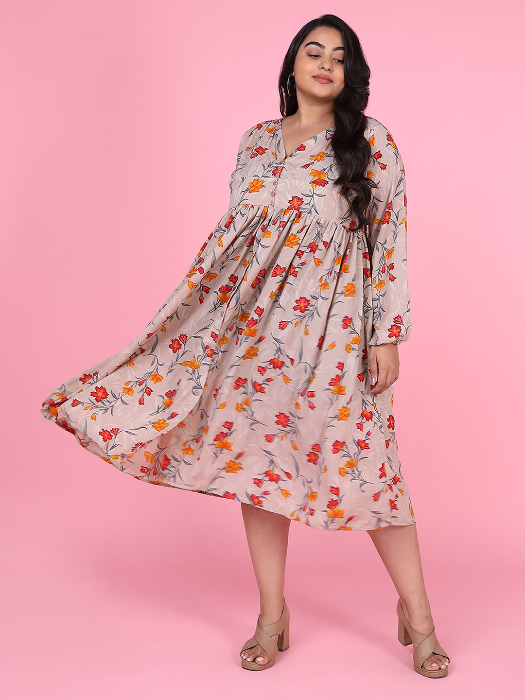 Women Floral Beige Empire Midi Dress