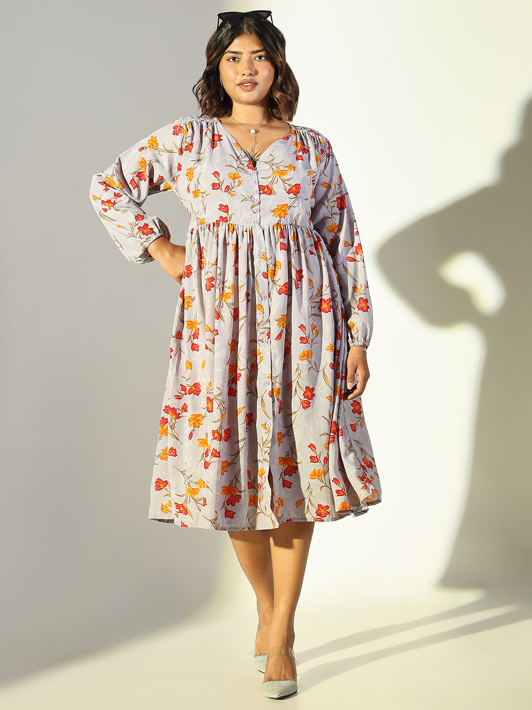 Women Grey Floral Fit and Flare Dress