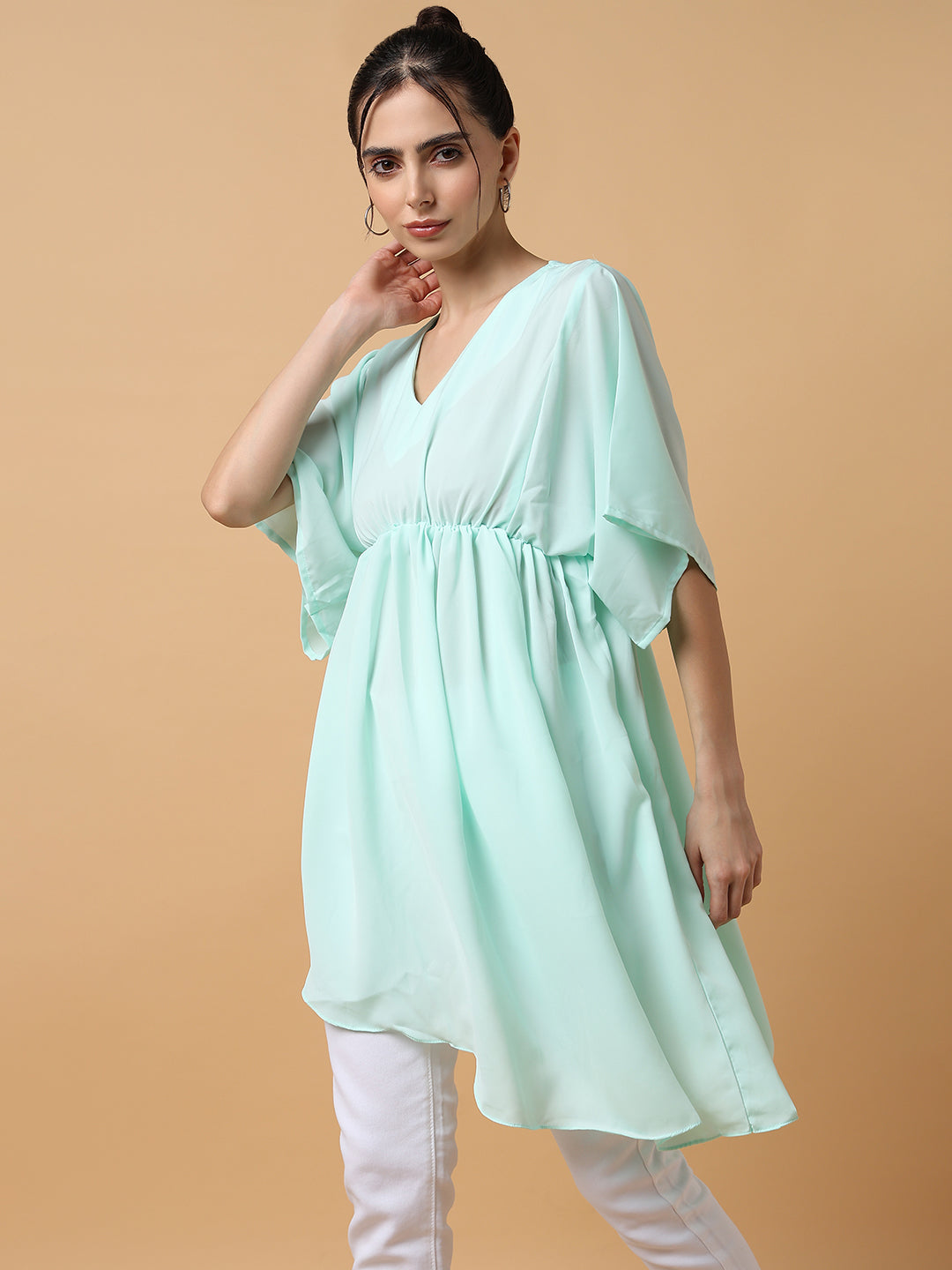 Women's Sea Green Solid Fit and Flare Top