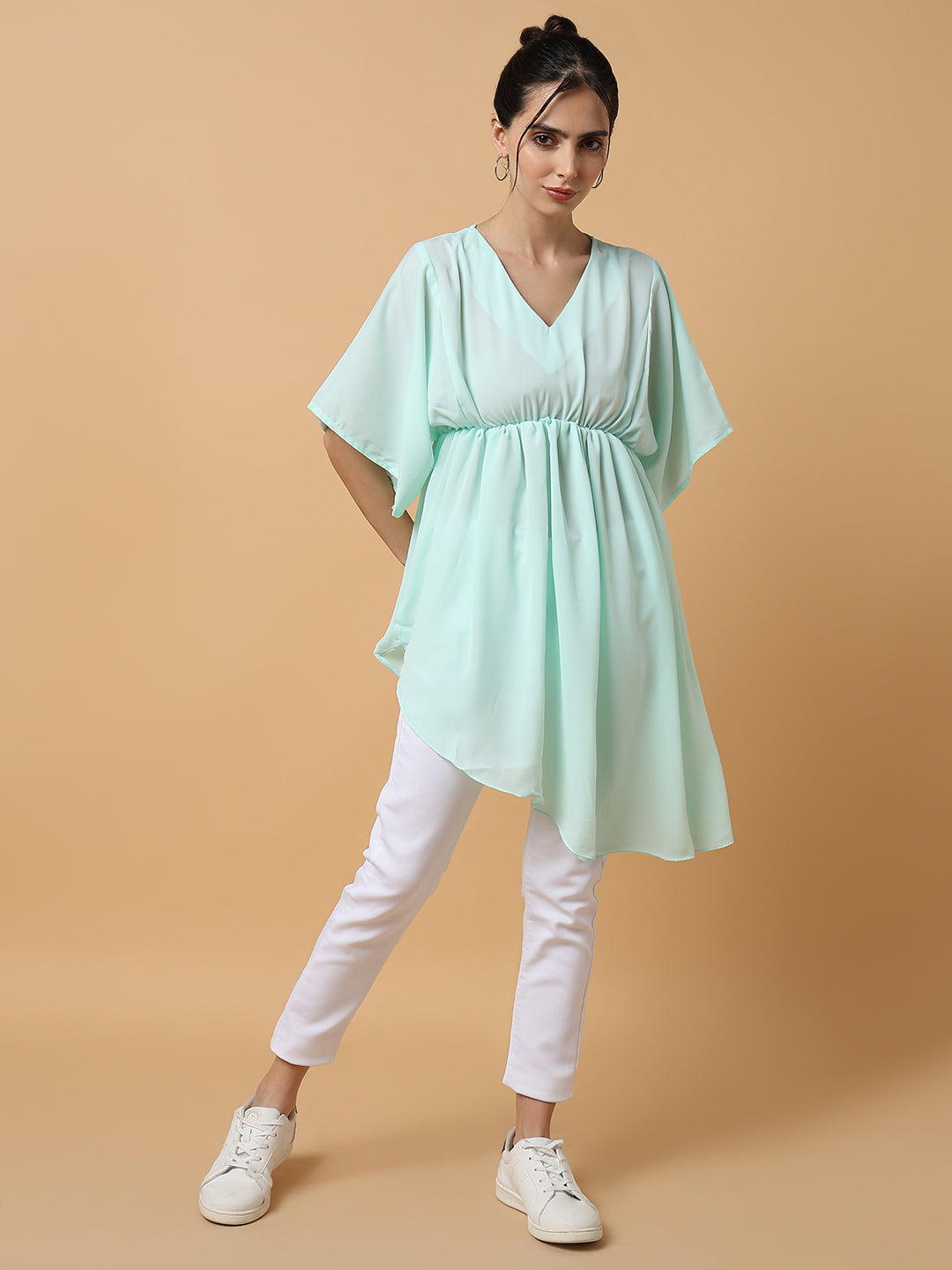 Women's Sea Green Solid Fit and Flare Top