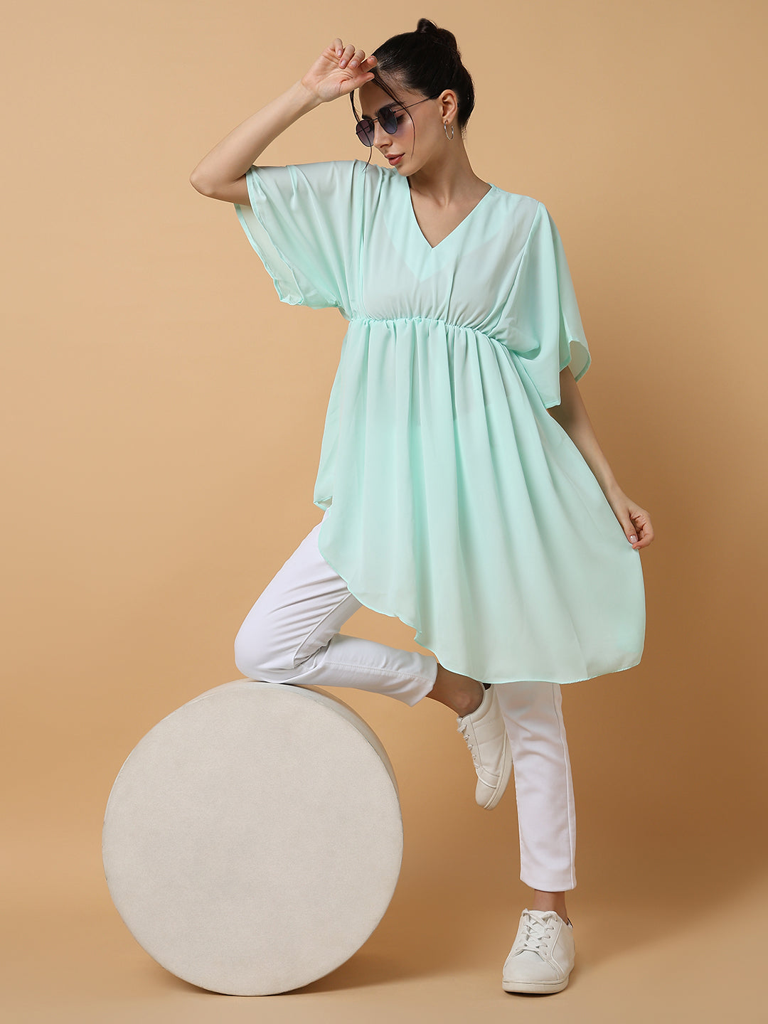 Women's Sea Green Solid Fit and Flare Top