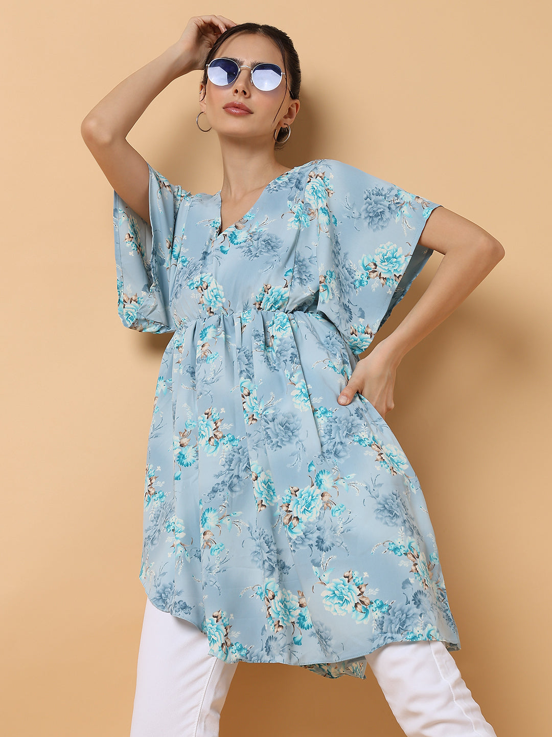 Women's Blue Tropical Fit and Flare Top