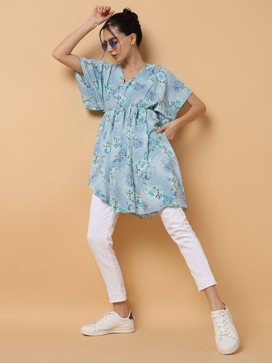 Women's Blue Tropical Fit and Flare Top