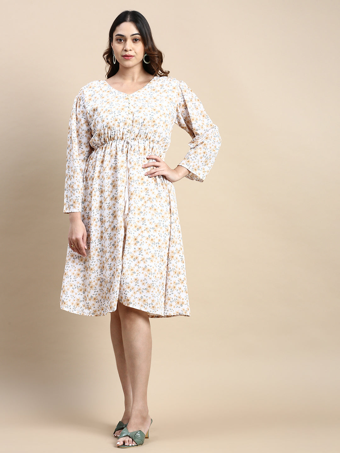 Women Puff Off White Floral Fit and Flare Dress