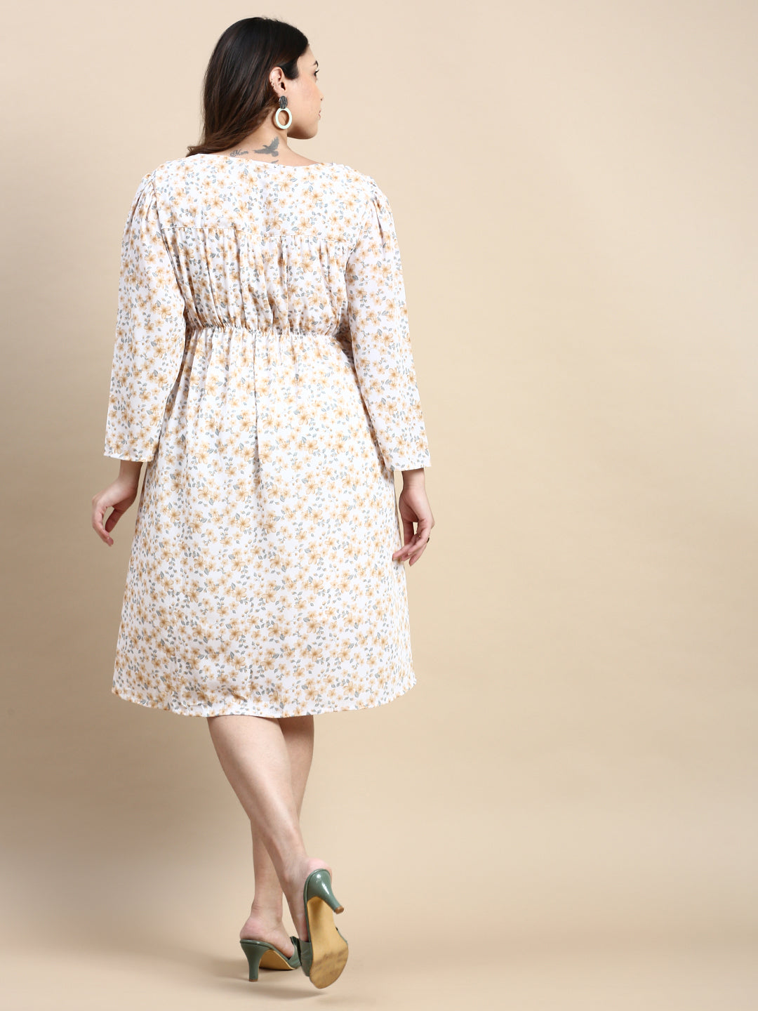 Women Puff Off White Floral Fit and Flare Dress