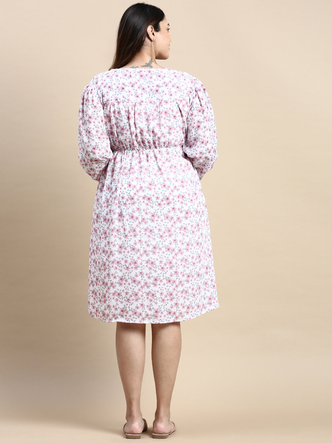 Women Puff White Floral Fit and Flare Dress