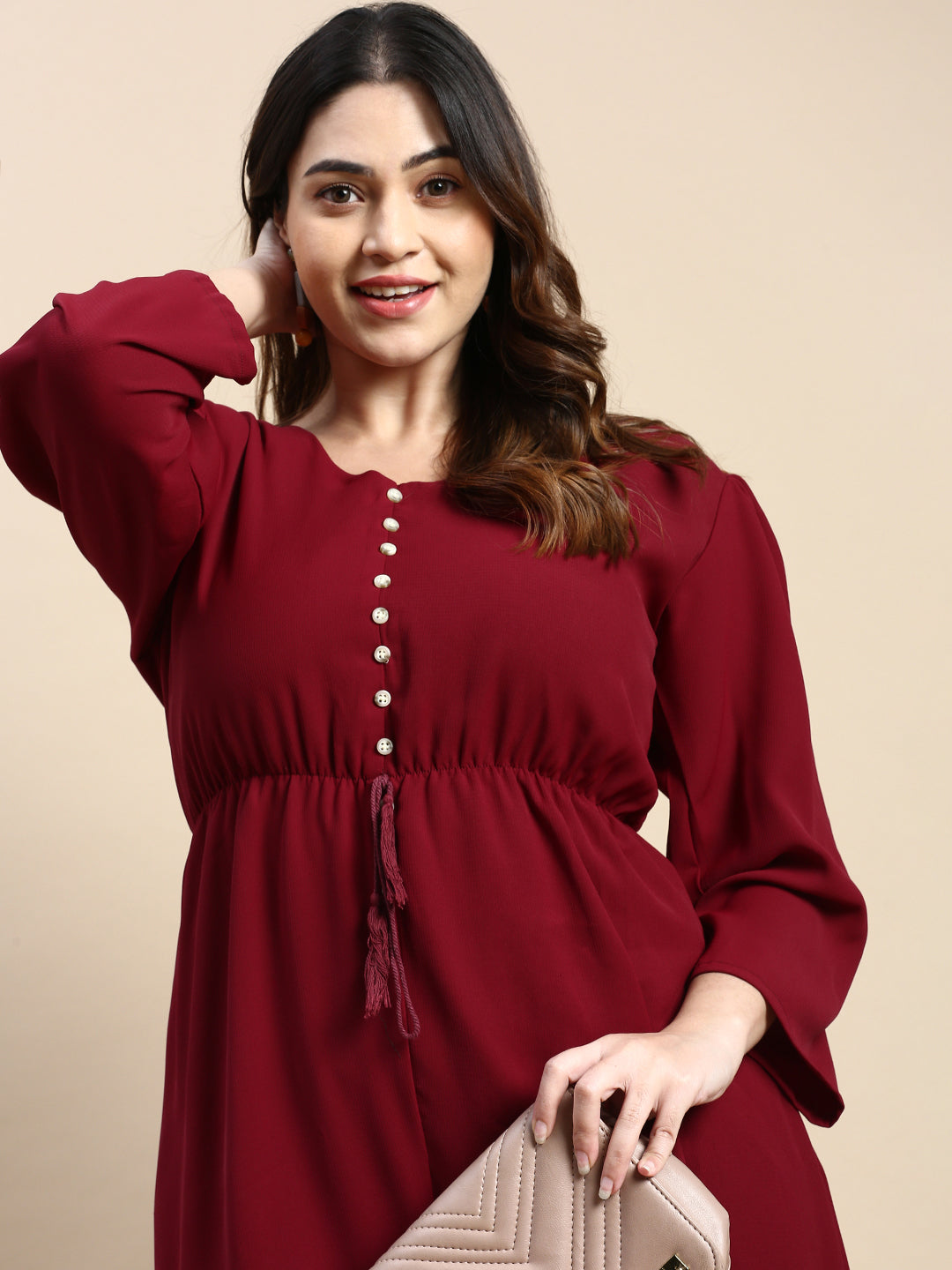 Women Puff Burgundy Solid Fit and Flare Dress