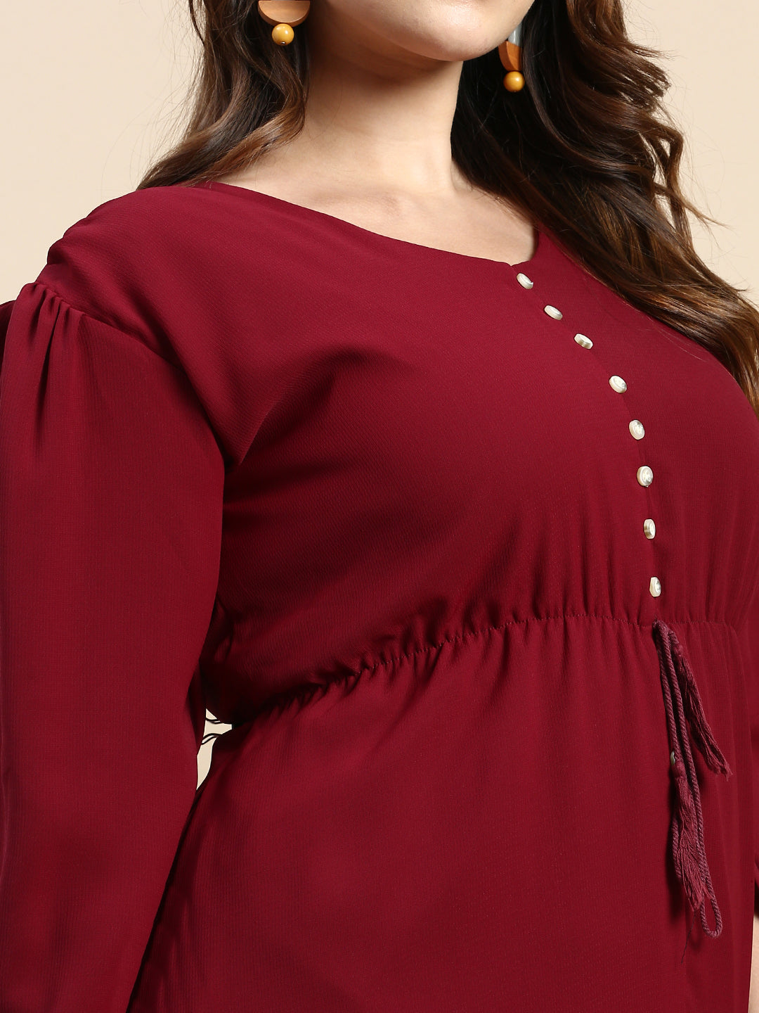 Women Puff Burgundy Solid Fit and Flare Dress