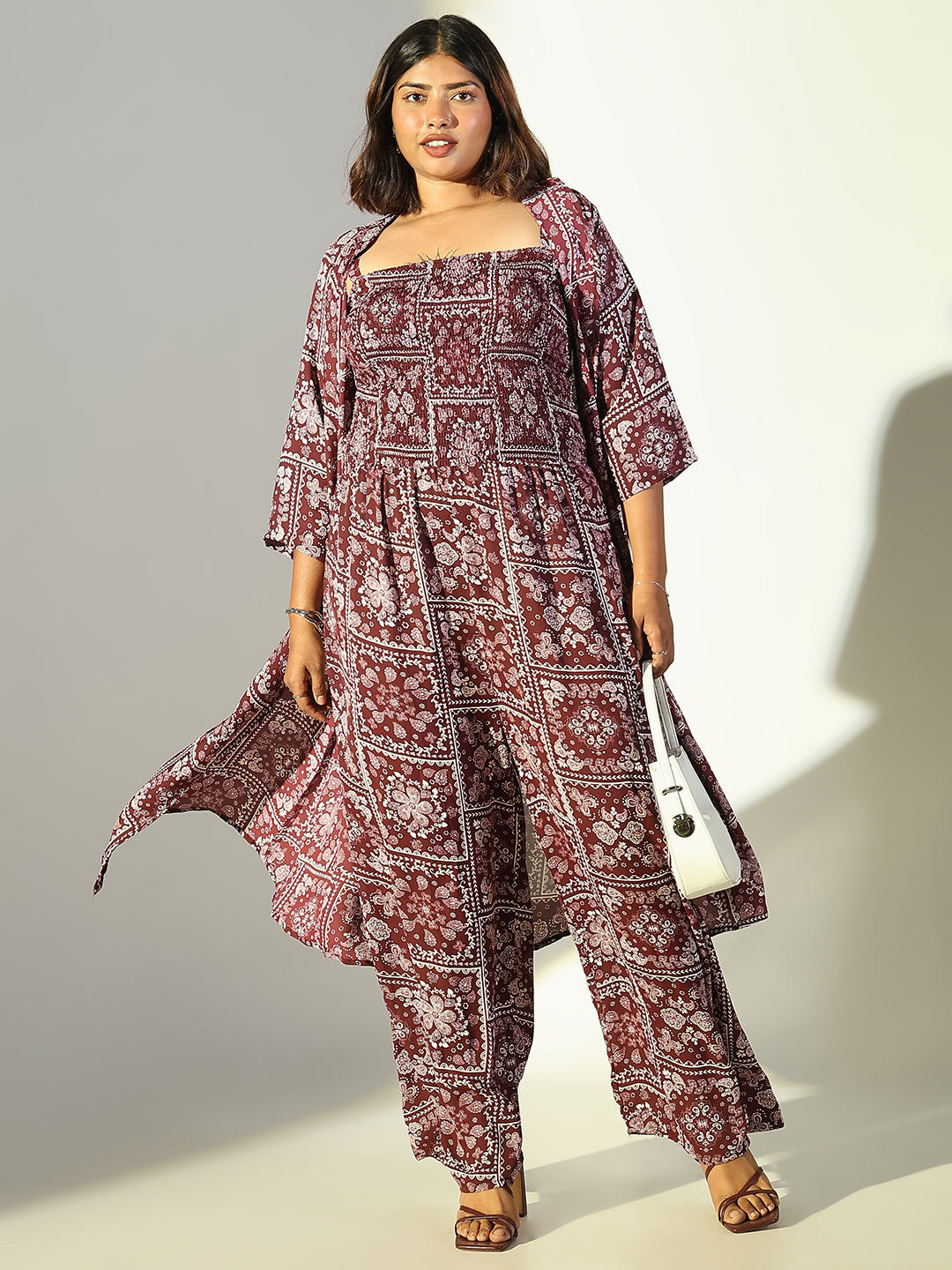 Women Burgundy Printed Jumpsuit with Shrug