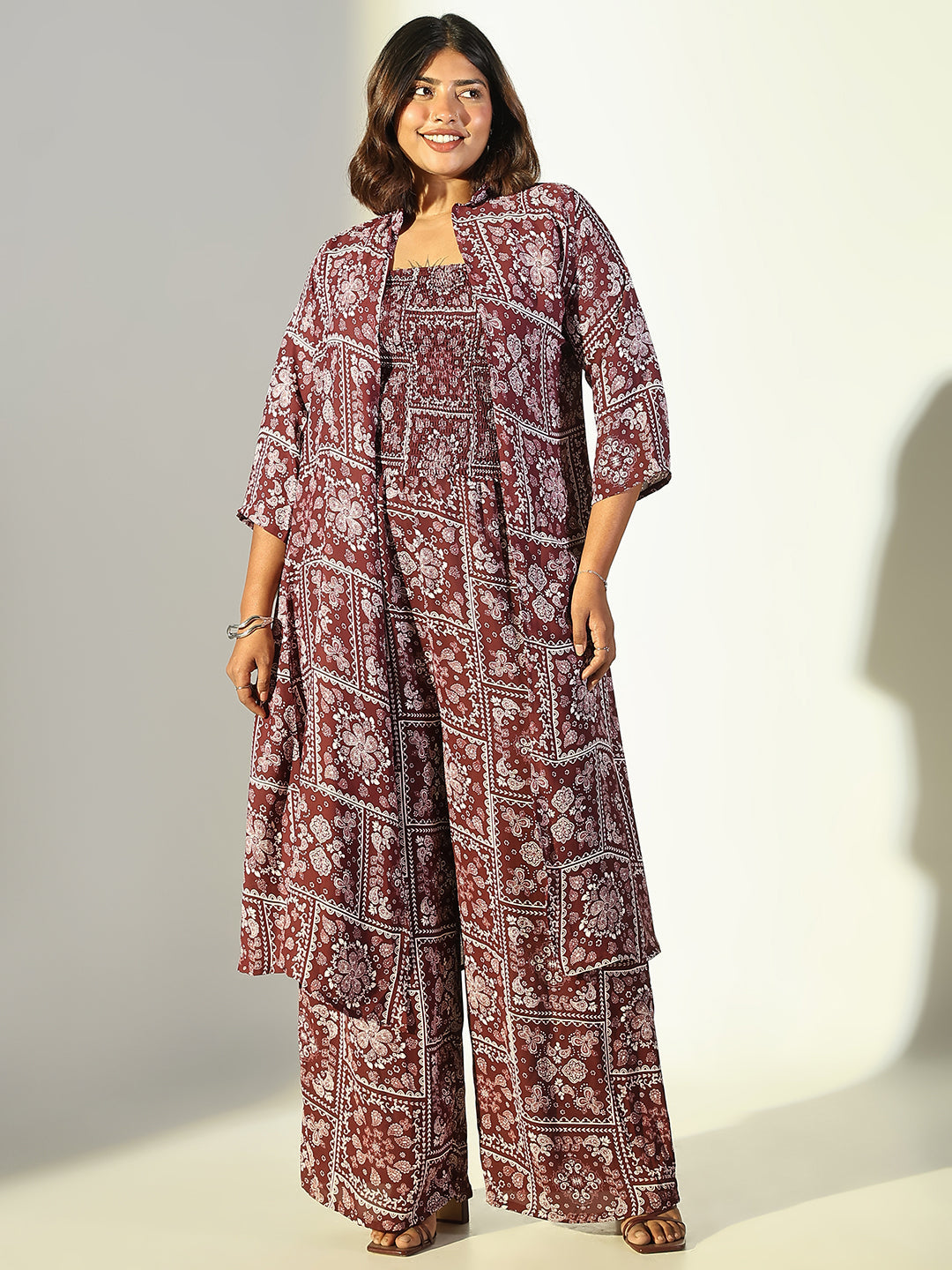 Women Burgundy Printed Jumpsuit with Shrug