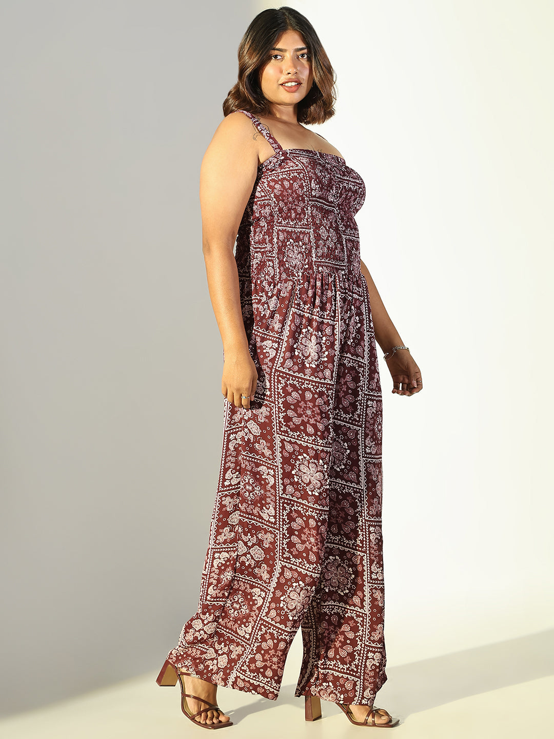 Women Burgundy Printed Jumpsuit with Shrug