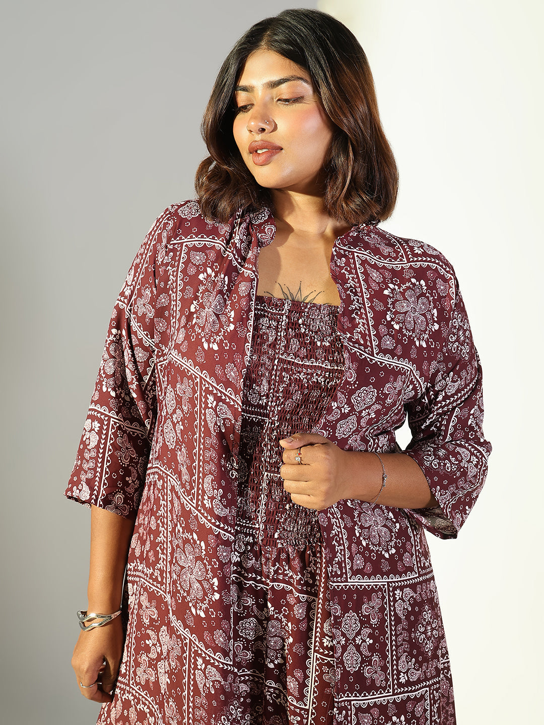 Women Burgundy Printed Jumpsuit with Shrug