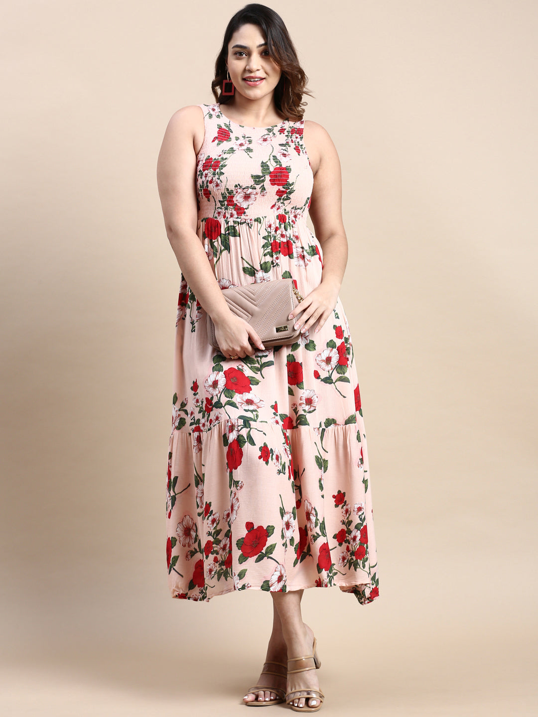 Women Peach Floral Fit and Flare Dress