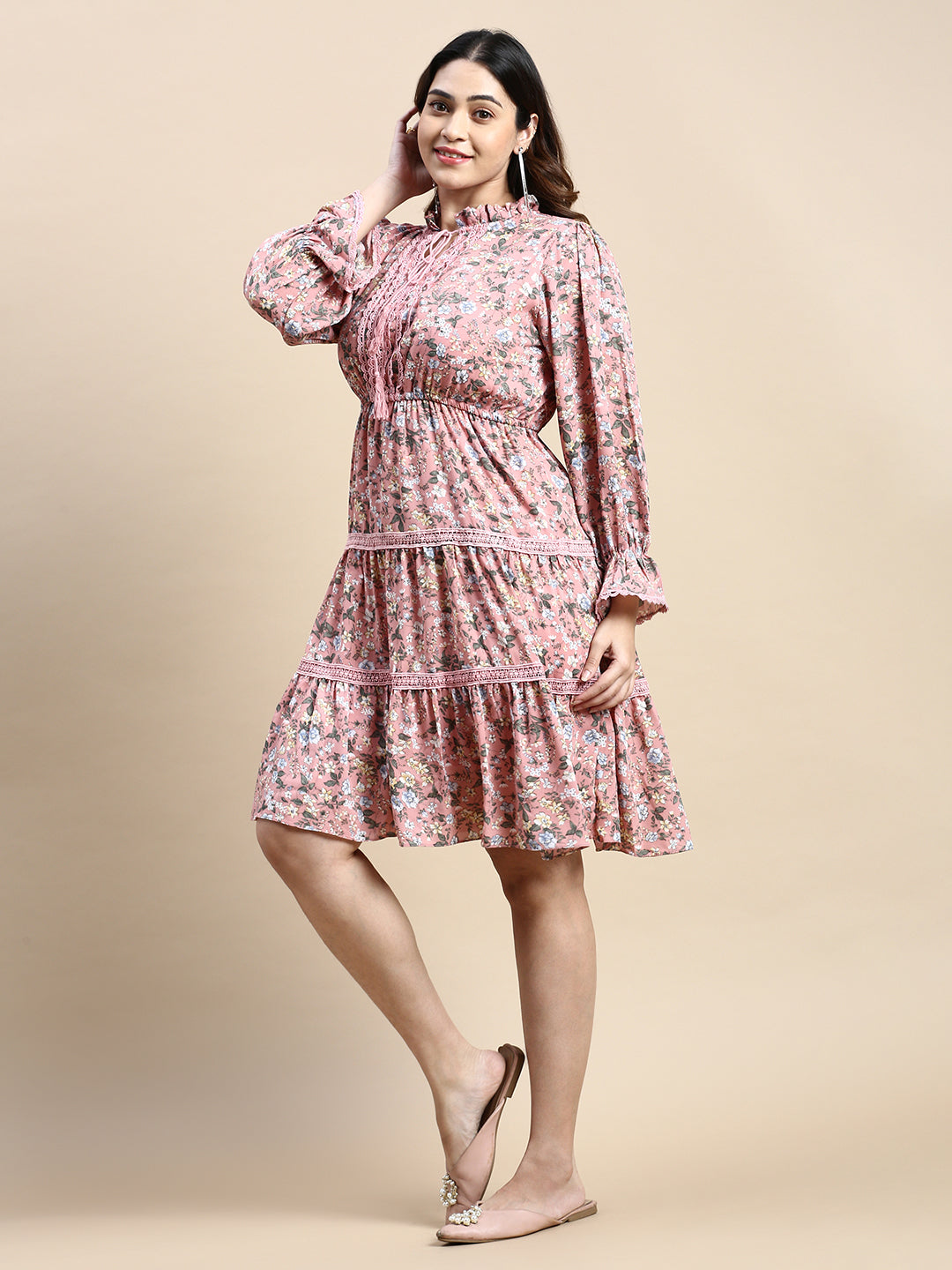 Women Keyhole Neck Puff Pink Floral Fit and Flare Dress
