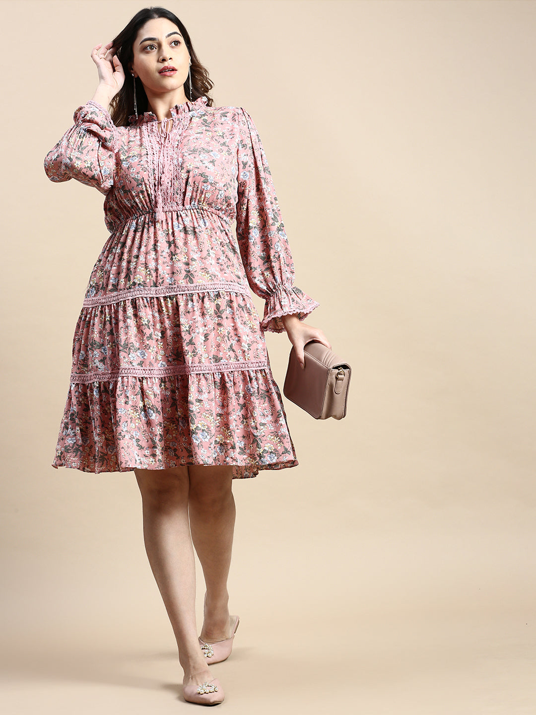 Women Keyhole Neck Puff Pink Floral Fit and Flare Dress