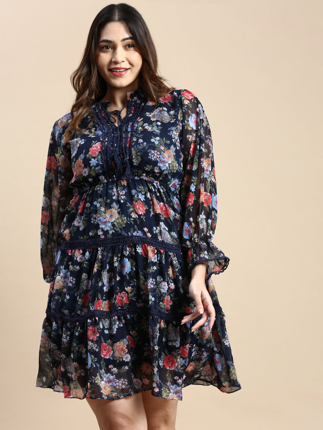 Women Keyhole Neck Puff Navy Blue Floral Fit and Flare Dress