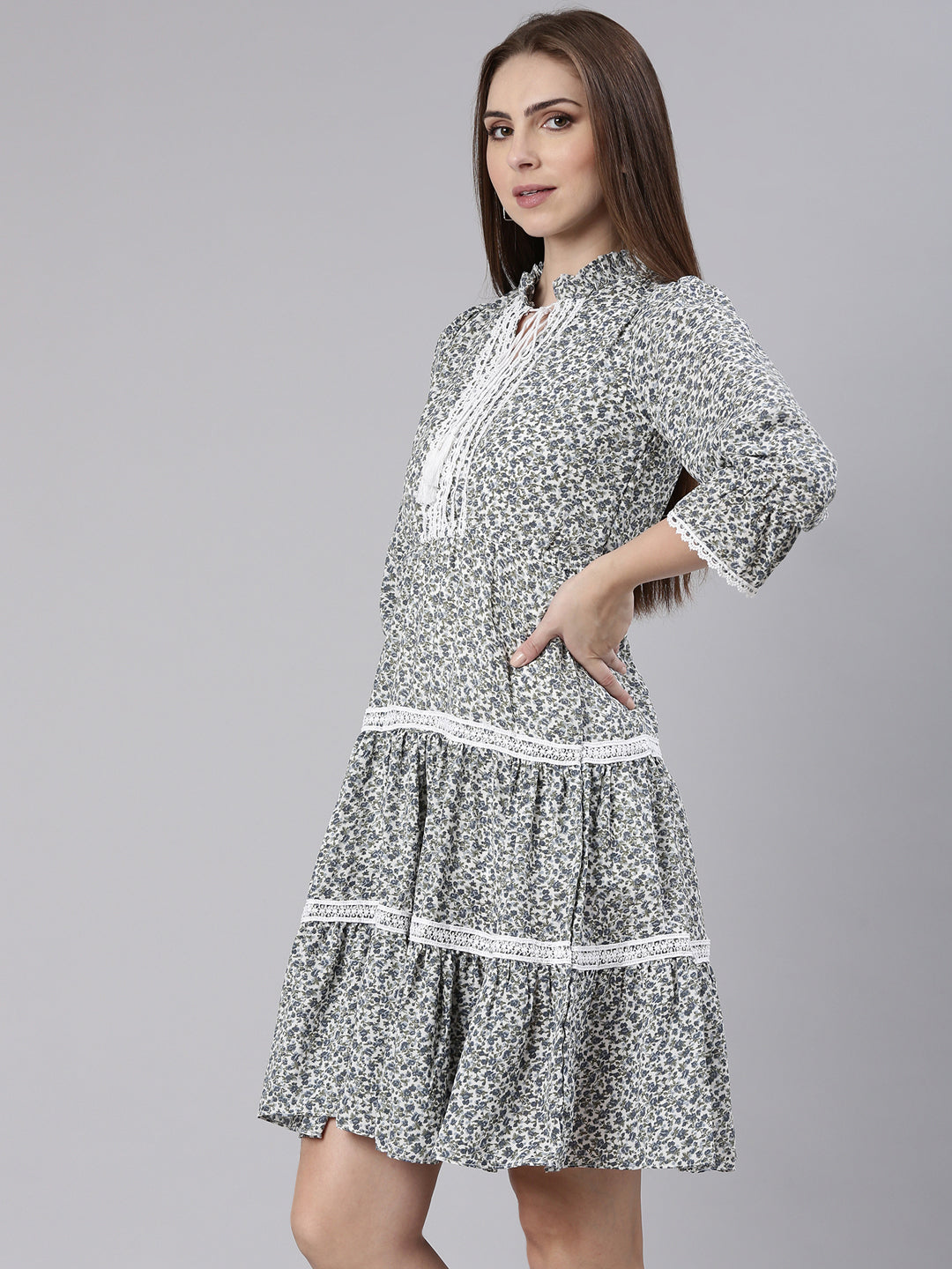 Women Grey Floral Fit and Flare Dress