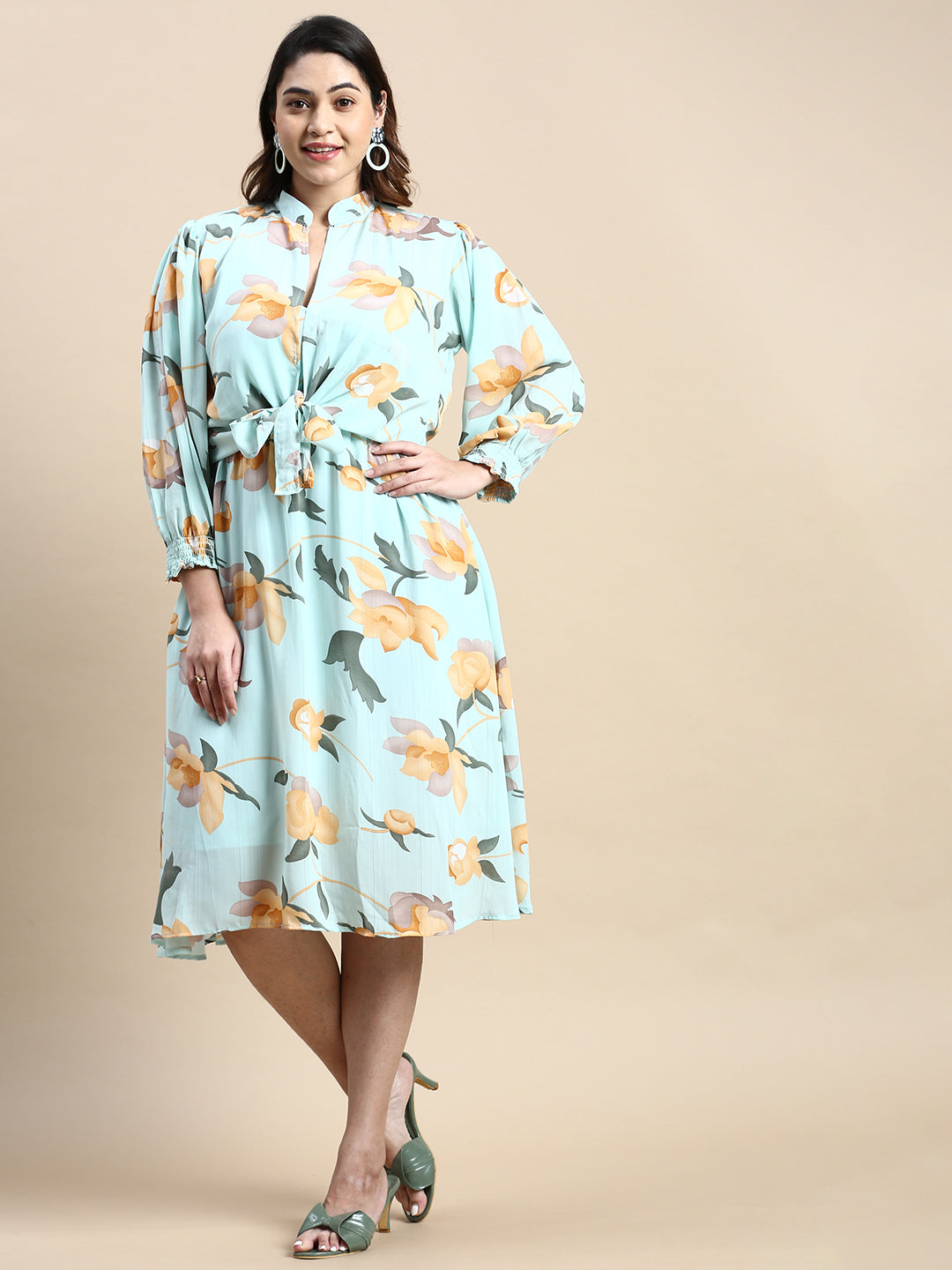 Women Shoulder Straps Sea Green Floral Fit and Flare Dress