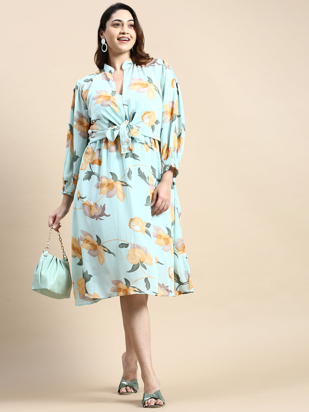 Women Shoulder Straps Sea Green Floral Fit and Flare Dress