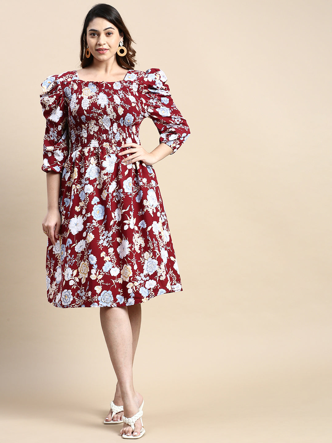 Women Puff Maroon Floral Fit and Flare Dress