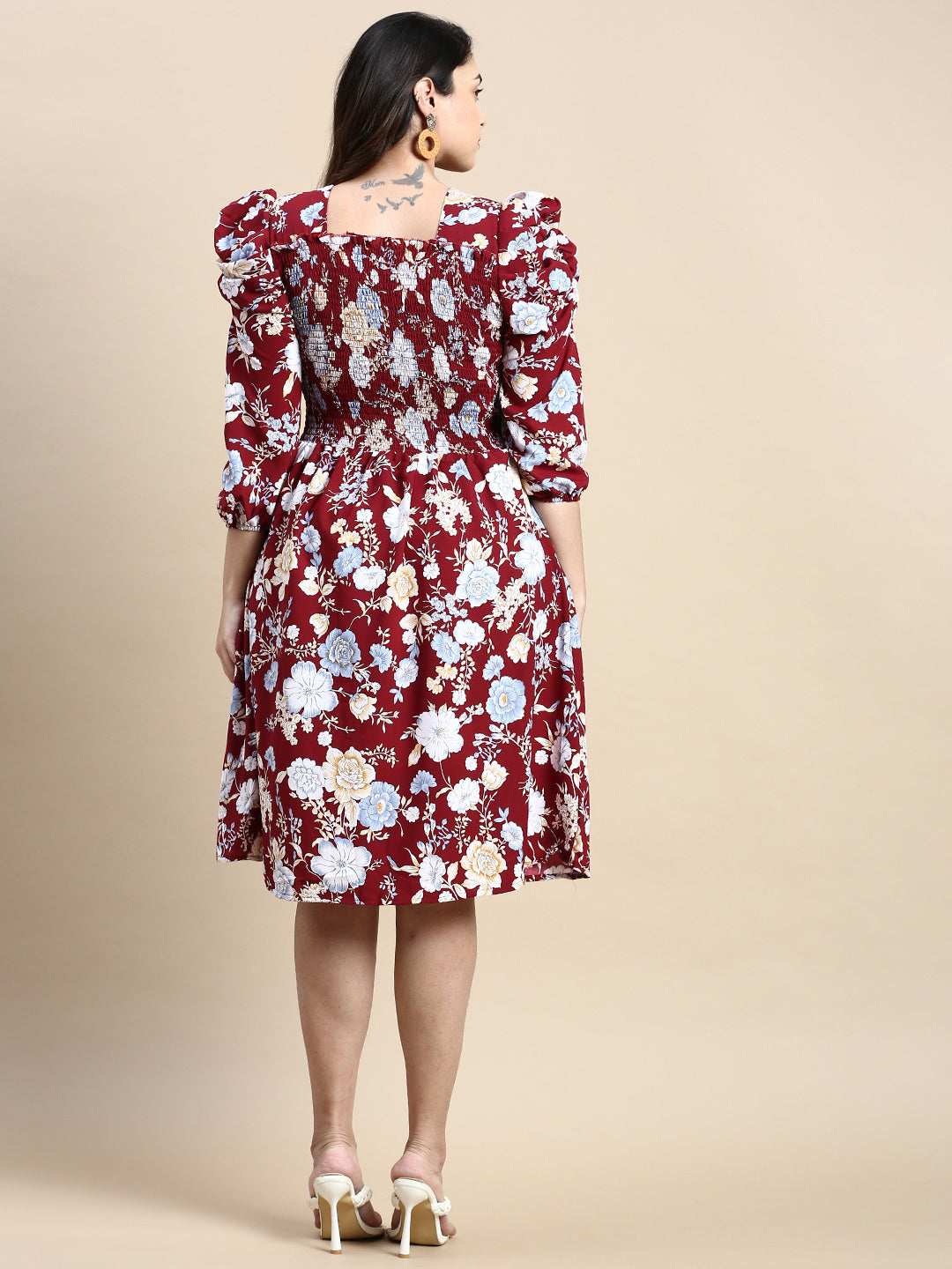 Women Puff Maroon Floral Fit and Flare Dress