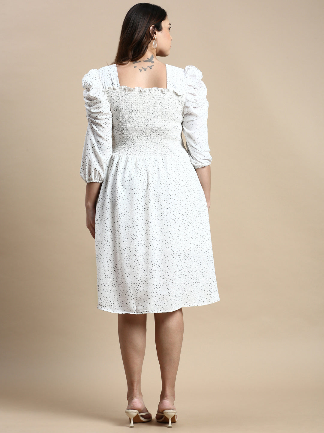 Women Puff White Polka Dots Fit and Flare Dress