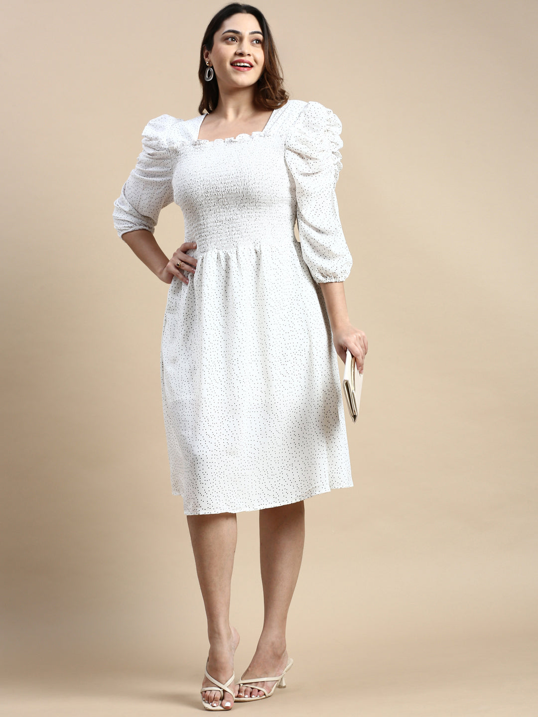 Women Puff White Polka Dots Fit and Flare Dress