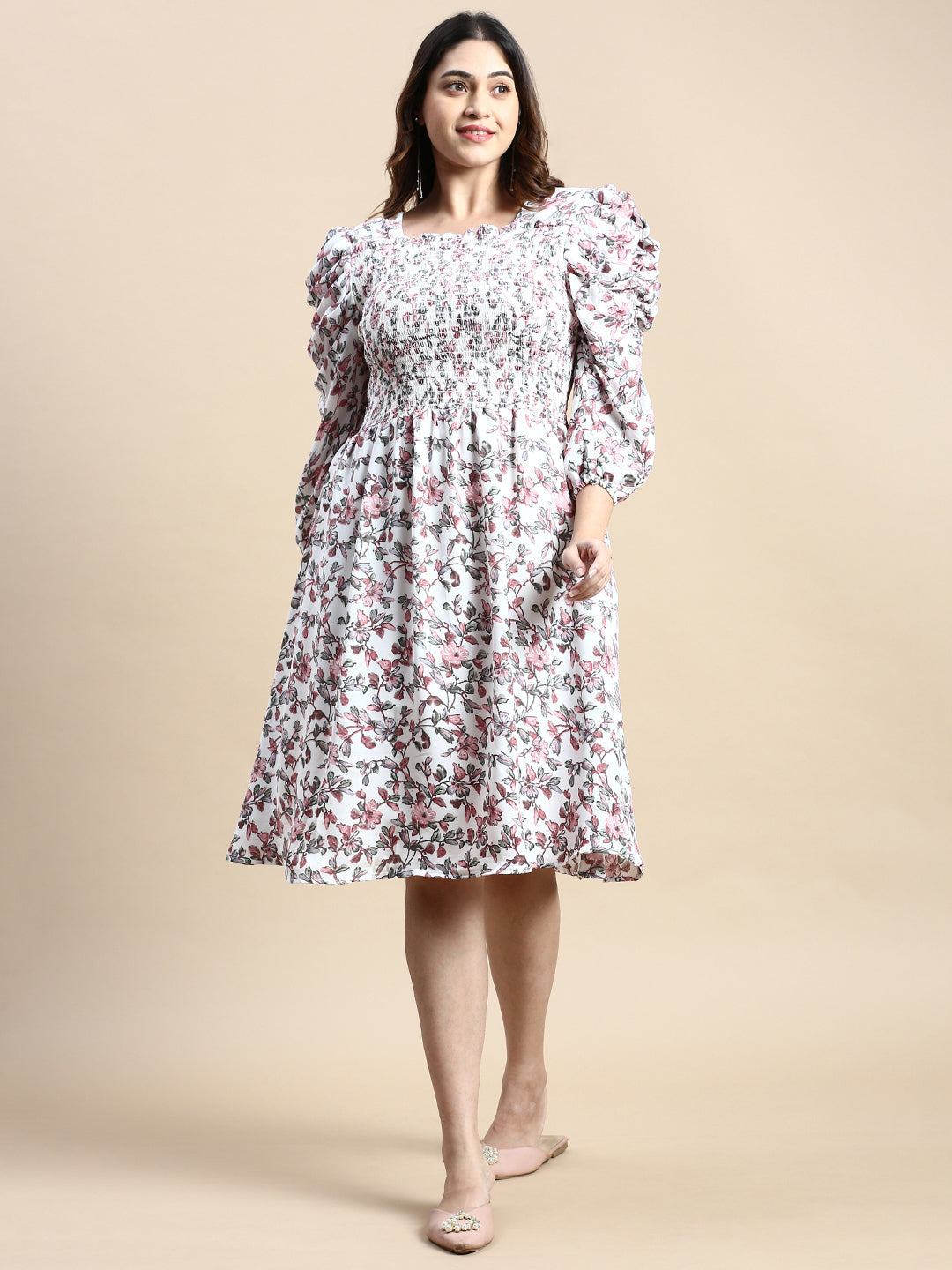 Women Puff White Floral Fit and Flare Dress