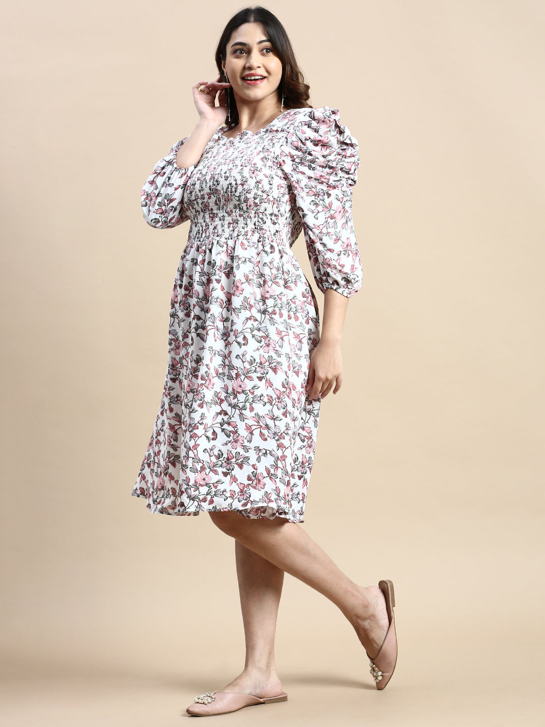 Women Puff White Floral Fit and Flare Dress