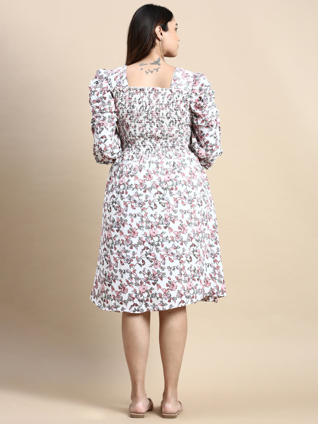 Women Puff White Floral Fit and Flare Dress