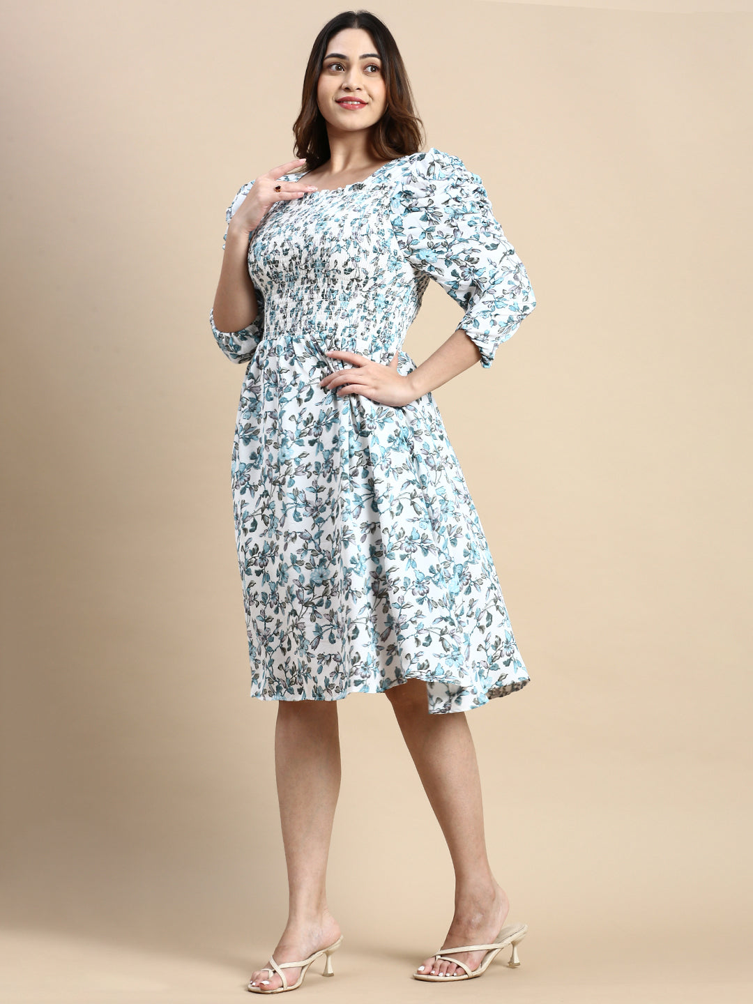 Women Puff White Floral Fit and Flare Dress