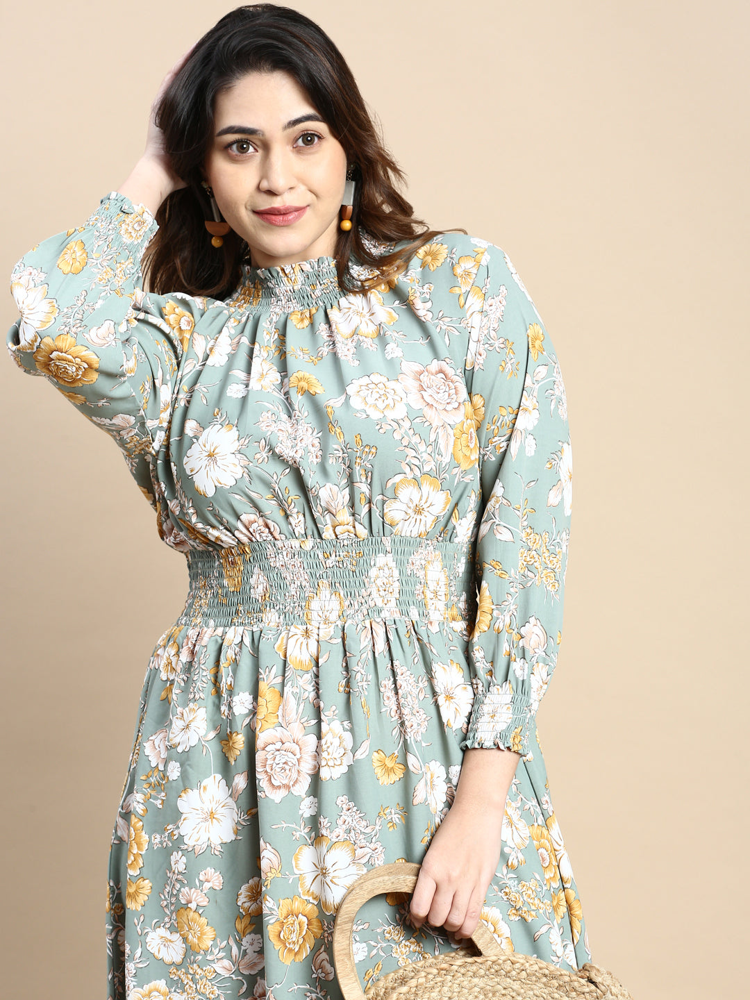 Women Puff Sea Green Floral Fit and Flare Dress