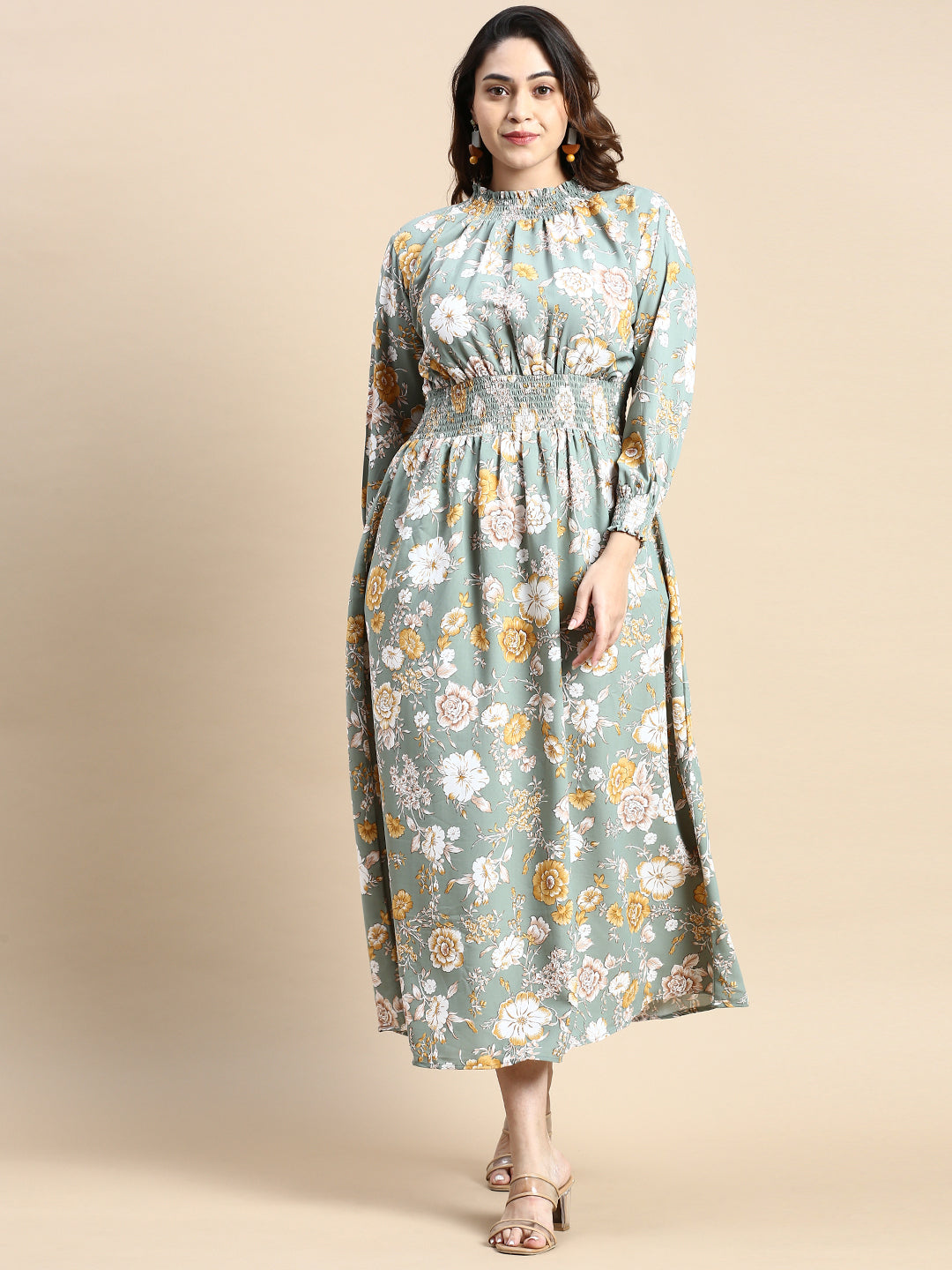 Women Puff Sea Green Floral Fit and Flare Dress