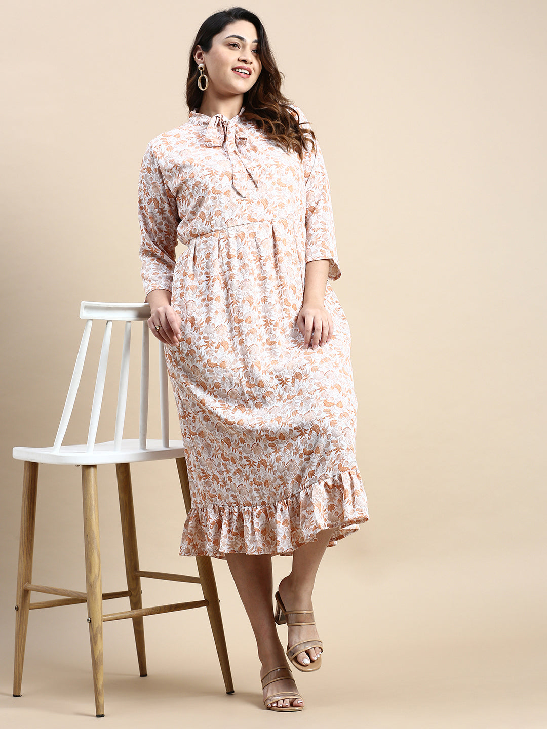 Women Tie-Up Neck White Bohemian Fit and Flare Dress