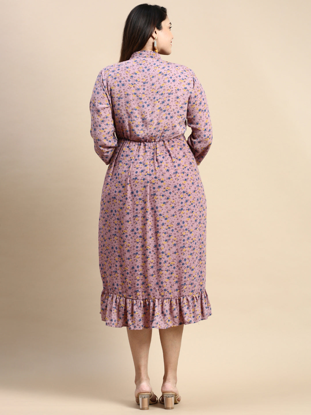 Women Tie-Up Neck Puff Purple Floral Fit and Flare Dress