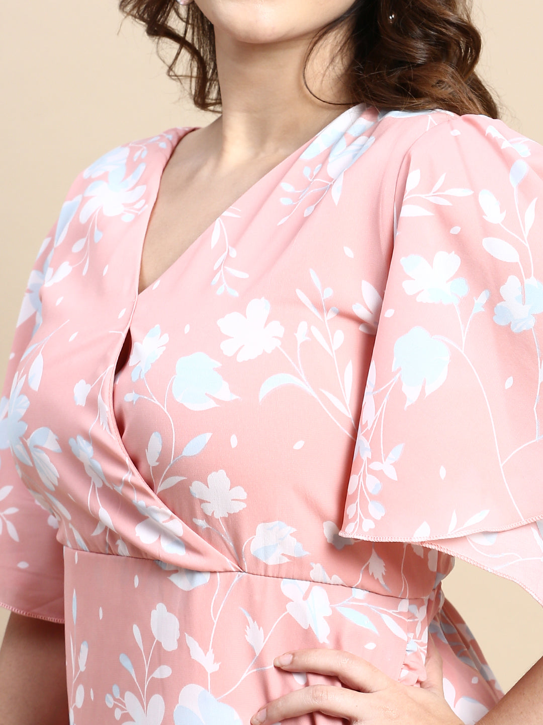 Women Flared Peach Floral Wrap Dress
