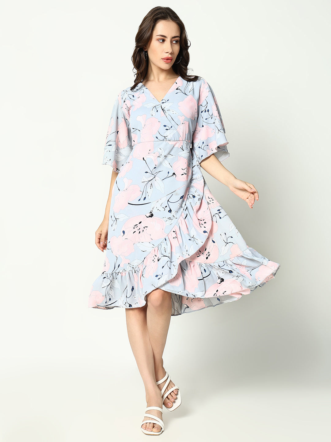 Women's Grey Printed Wrap Dress