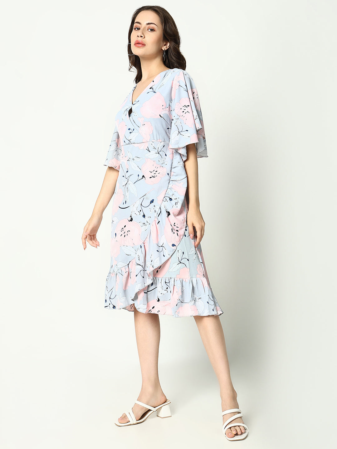 Women's Grey Printed Wrap Dress