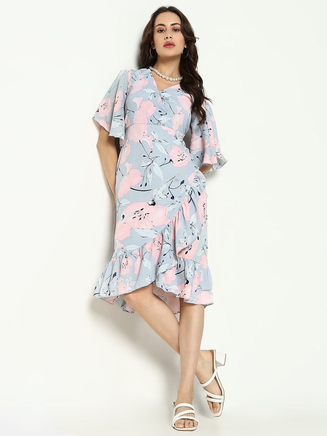 Women's Grey Printed Wrap Dress