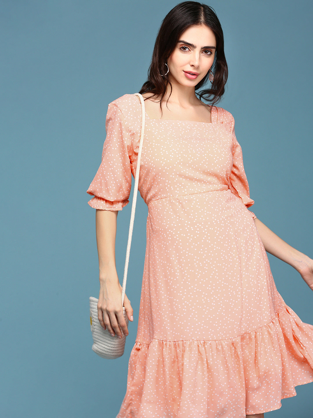 Women's Peach Printed Fit and Flare Dress