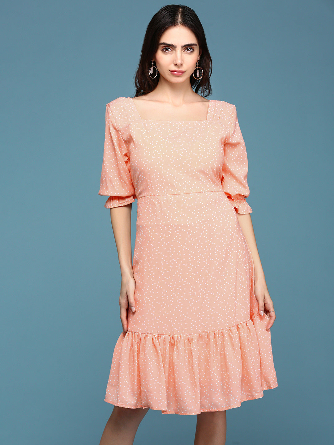 Women's Peach Printed Fit and Flare Dress