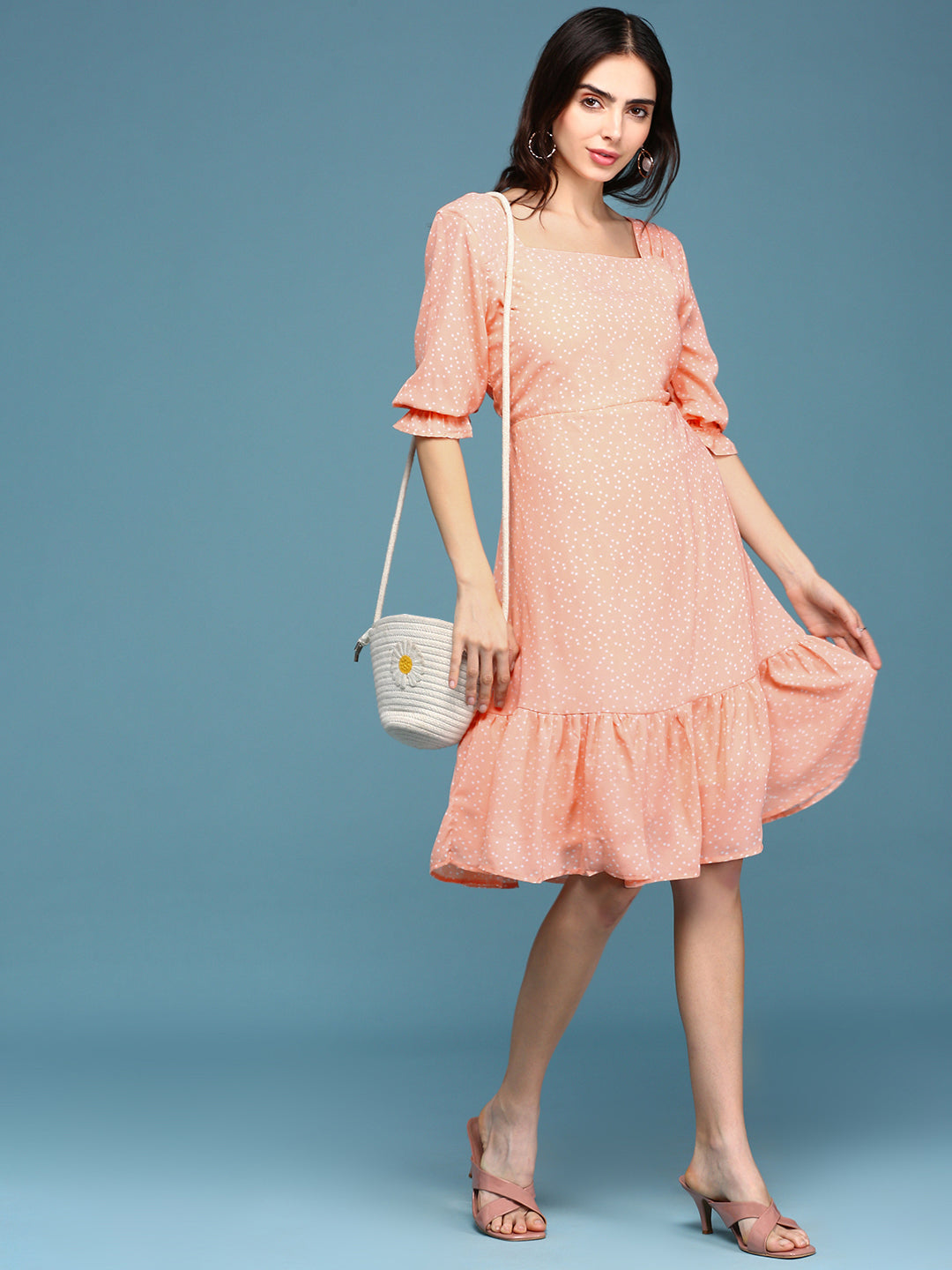 Women's Peach Printed Fit and Flare Dress