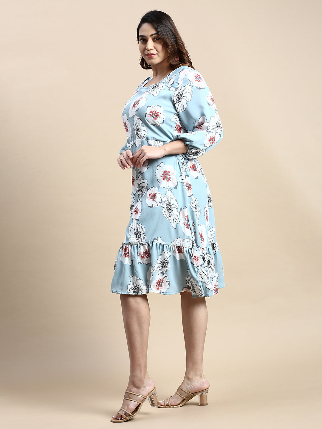 Women Puff Blue Floral Fit and Flare Dress